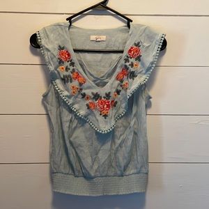 Light green top.